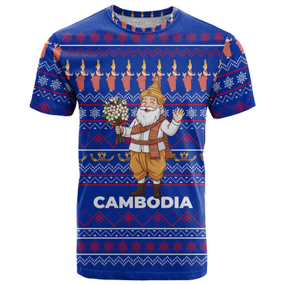 Cambodia Christmas T-Shirt with Santa in Traditional Outfit Elephant Dancers and Snowflake Pattern Graphic Tee