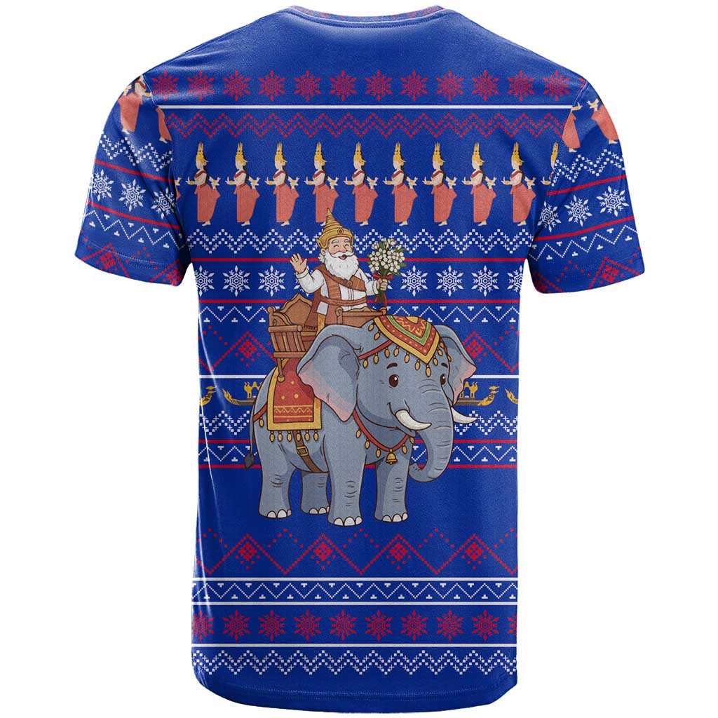 Cambodia Christmas T-Shirt with Santa in Traditional Outfit Elephant Dancers and Snowflake Pattern Graphic Tee