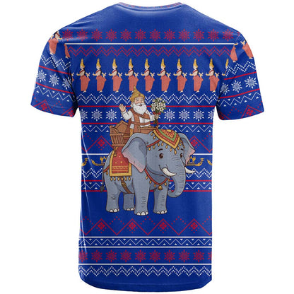 Cambodia Christmas T-Shirt with Santa in Traditional Outfit Elephant Dancers and Snowflake Pattern Graphic Tee