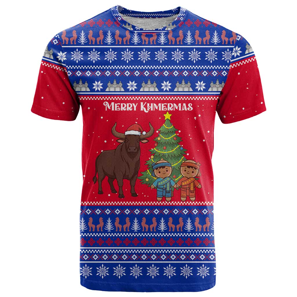 Cambodia Christmas T-Shirt with Buffalo Children Holiday Tree Snowflakes and Khmer Pattern Design Graphic Tee