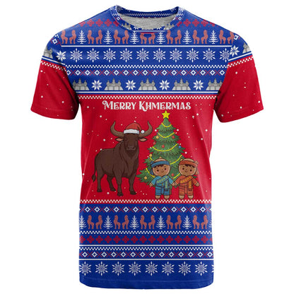 Cambodia Christmas T-Shirt with Buffalo Children Holiday Tree Snowflakes and Khmer Pattern Design Graphic Tee