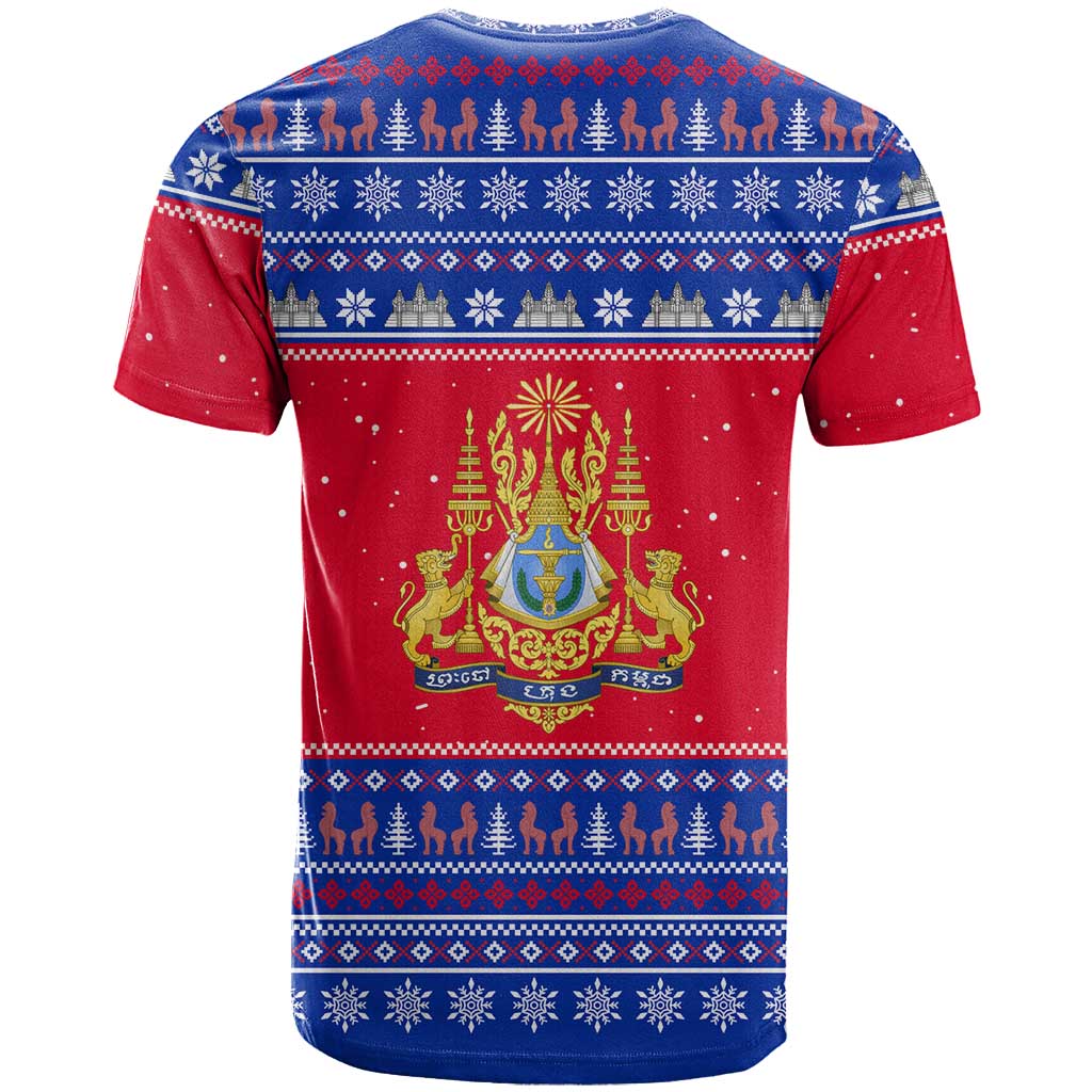 Cambodia Christmas T-Shirt with Buffalo Children Holiday Tree Snowflakes and Khmer Pattern Design Graphic Tee