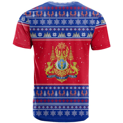 Cambodia Christmas T-Shirt with Buffalo Children Holiday Tree Snowflakes and Khmer Pattern Design Graphic Tee