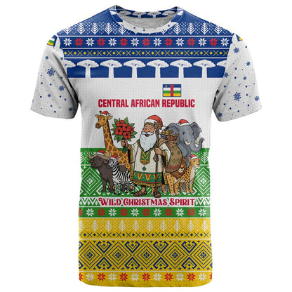 Central African Republic Christmas T-Shirt with Santa and Safari Animals Baobab Trees Snowflakes and Tribal Pattern Graphic Tee
