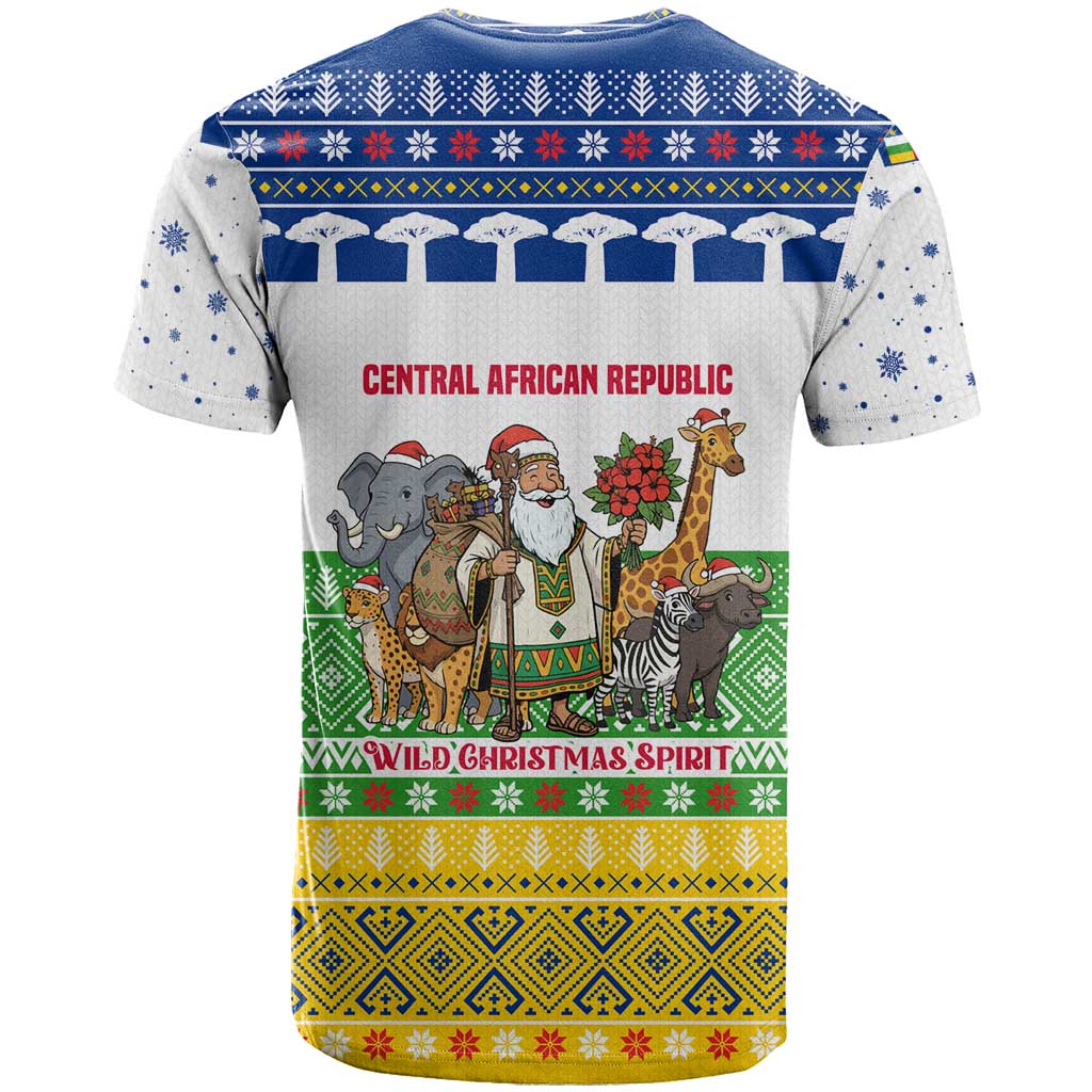 Central African Republic Christmas T-Shirt with Santa and Safari Animals Baobab Trees Snowflakes and Tribal Pattern Graphic Tee