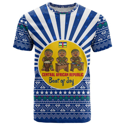 Central African Republic Christmas T-Shirt with Drumming Kids Beat of Joy Tribal Pattern and Snowflakes Graphic Tee