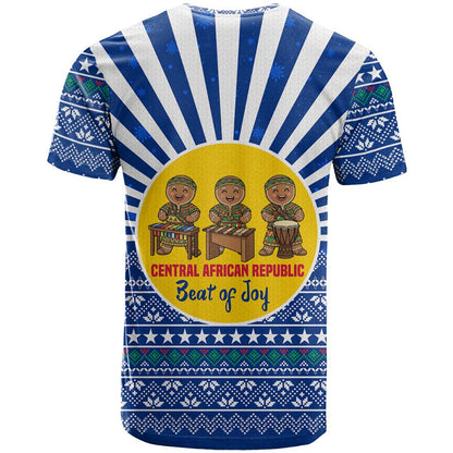 Central African Republic Christmas T-Shirt with Drumming Kids Beat of Joy Tribal Pattern and Snowflakes Graphic Tee