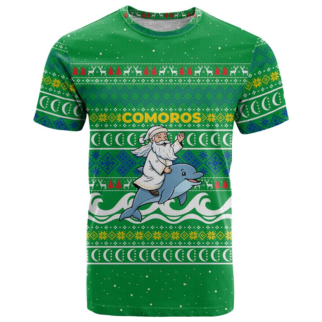 Comoros Christmas T-Shirt with Santa Riding Dolphin Ocean Waves Crescent Moon and Tribal Pattern Graphic Tee