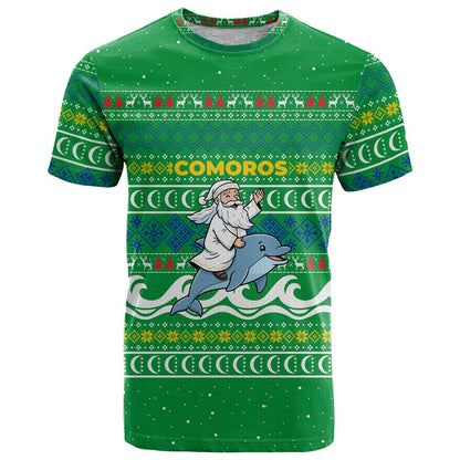Comoros Christmas T-Shirt with Santa Riding Dolphin Ocean Waves Crescent Moon and Tribal Pattern Graphic Tee