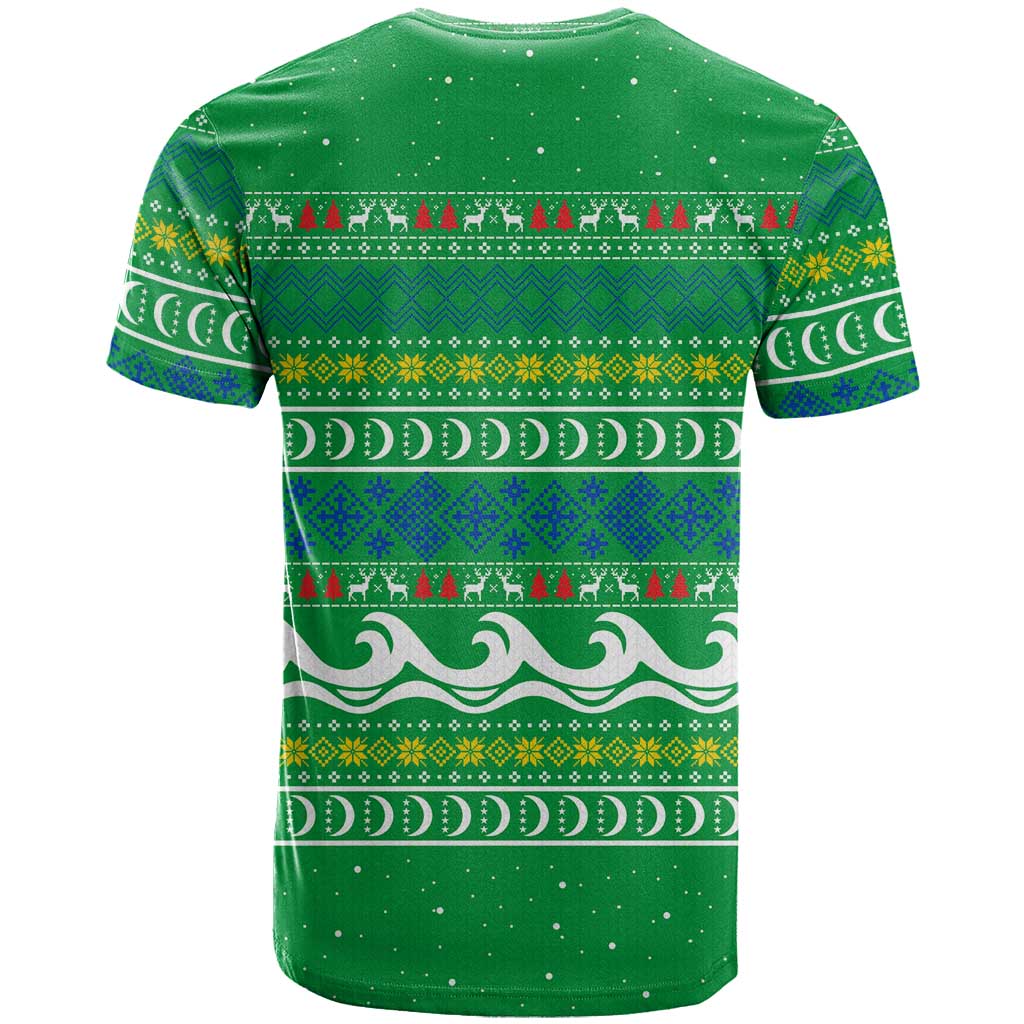Comoros Christmas T-Shirt with Santa Riding Dolphin Ocean Waves Crescent Moon and Tribal Pattern Graphic Tee