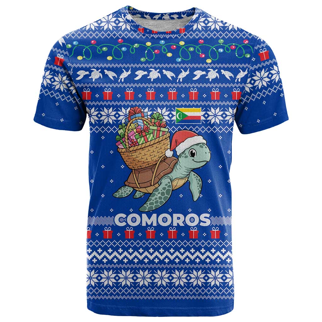 Comoros Christmas T-Shirt with Santa Turtle Gifts Snowflakes and Ocean Blue Holiday Pattern Graphic Tee
