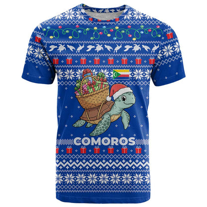 Comoros Christmas T-Shirt with Santa Turtle Gifts Snowflakes and Ocean Blue Holiday Pattern Graphic Tee
