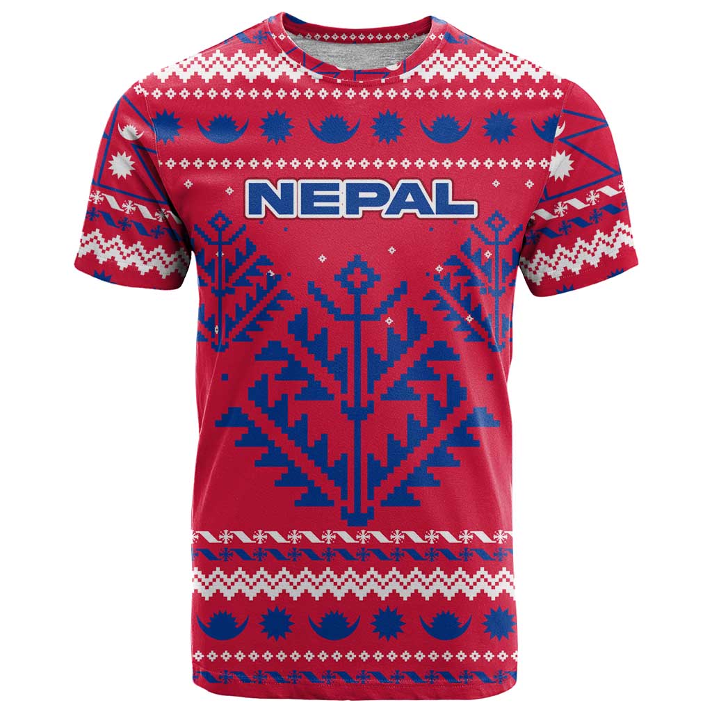 Nepal Christmas T-Shirt with Red-Blue Design, National Emblem, and Snowflake Motif Graphic Tee