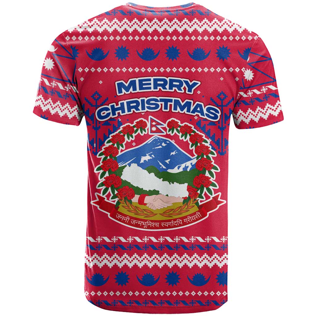 Nepal Christmas T-Shirt with Red-Blue Design, National Emblem, and Snowflake Motif Graphic Tee