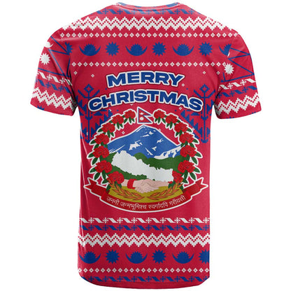 Nepal Christmas T-Shirt with Red-Blue Design, National Emblem, and Snowflake Motif Graphic Tee