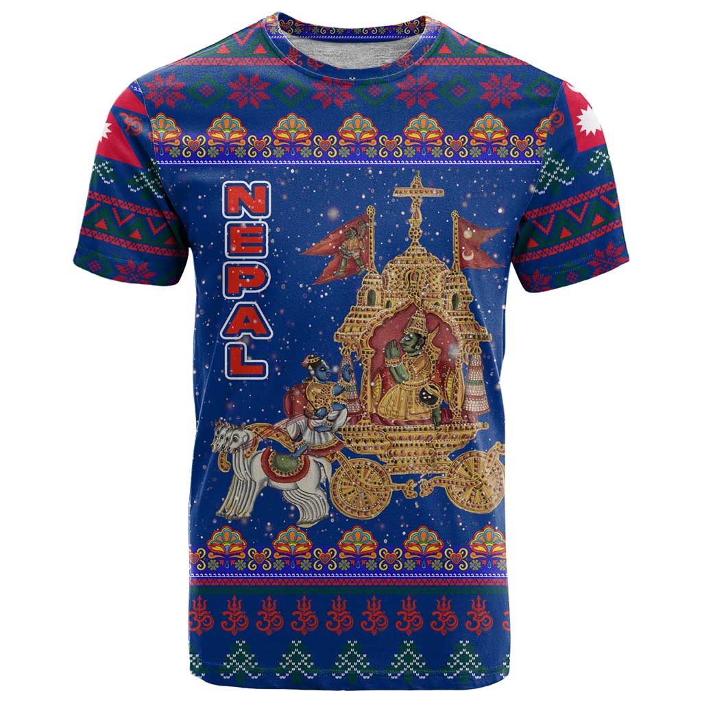 Nepal Christmas T-Shirt with Blue-Red Pattern, Hindu Chariot Scene, and Om Symbol Motif Graphic Tee
