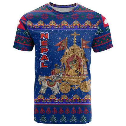 Nepal Christmas T-Shirt with Blue-Red Pattern, Hindu Chariot Scene, and Om Symbol Motif Graphic Tee