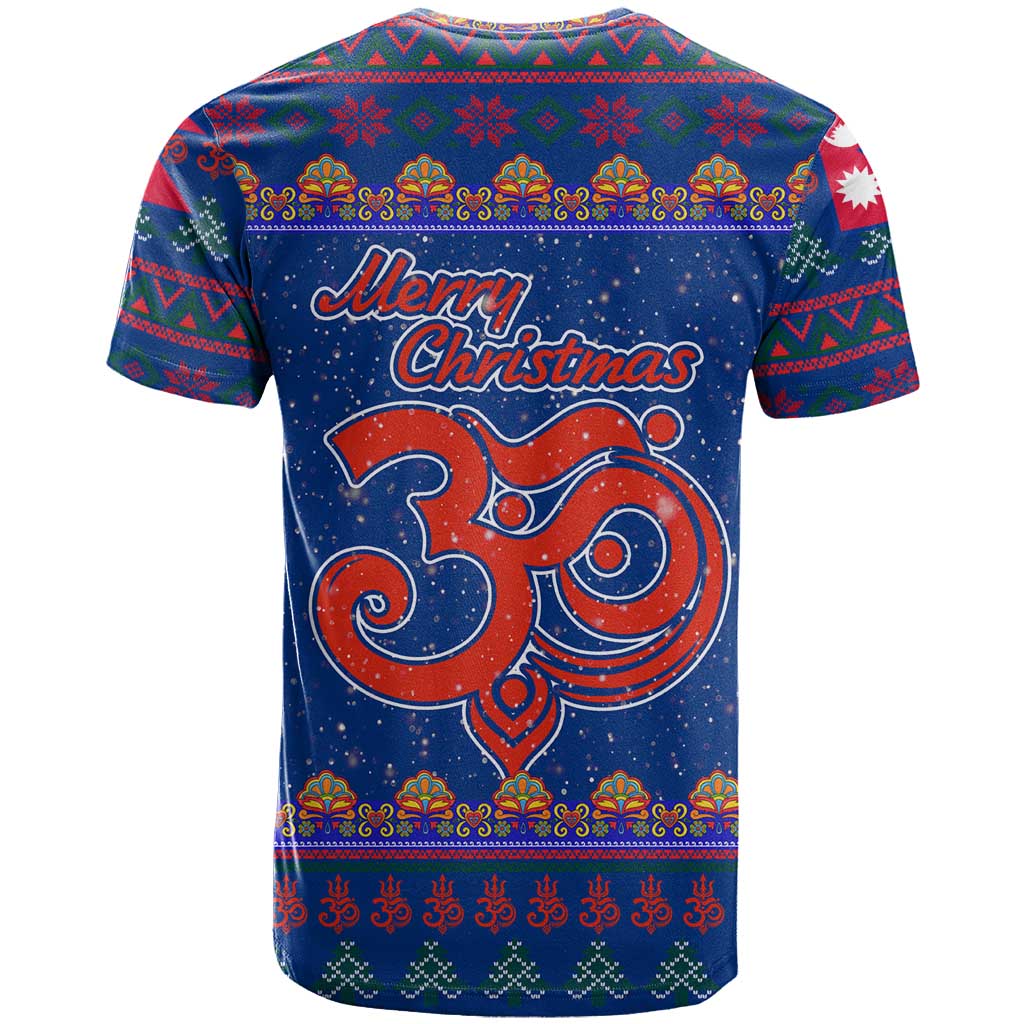 Nepal Christmas T-Shirt with Blue-Red Pattern, Hindu Chariot Scene, and Om Symbol Motif Graphic Tee
