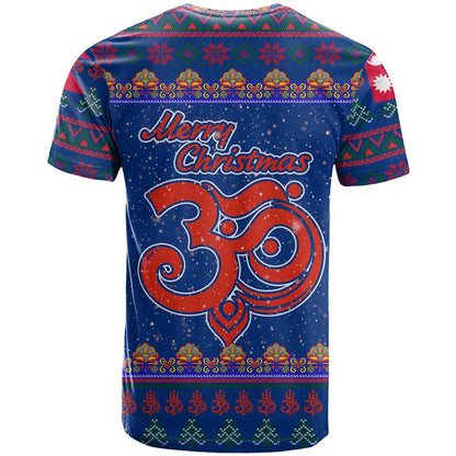 Nepal Christmas T-Shirt with Blue-Red Pattern, Hindu Chariot Scene, and Om Symbol Motif Graphic Tee