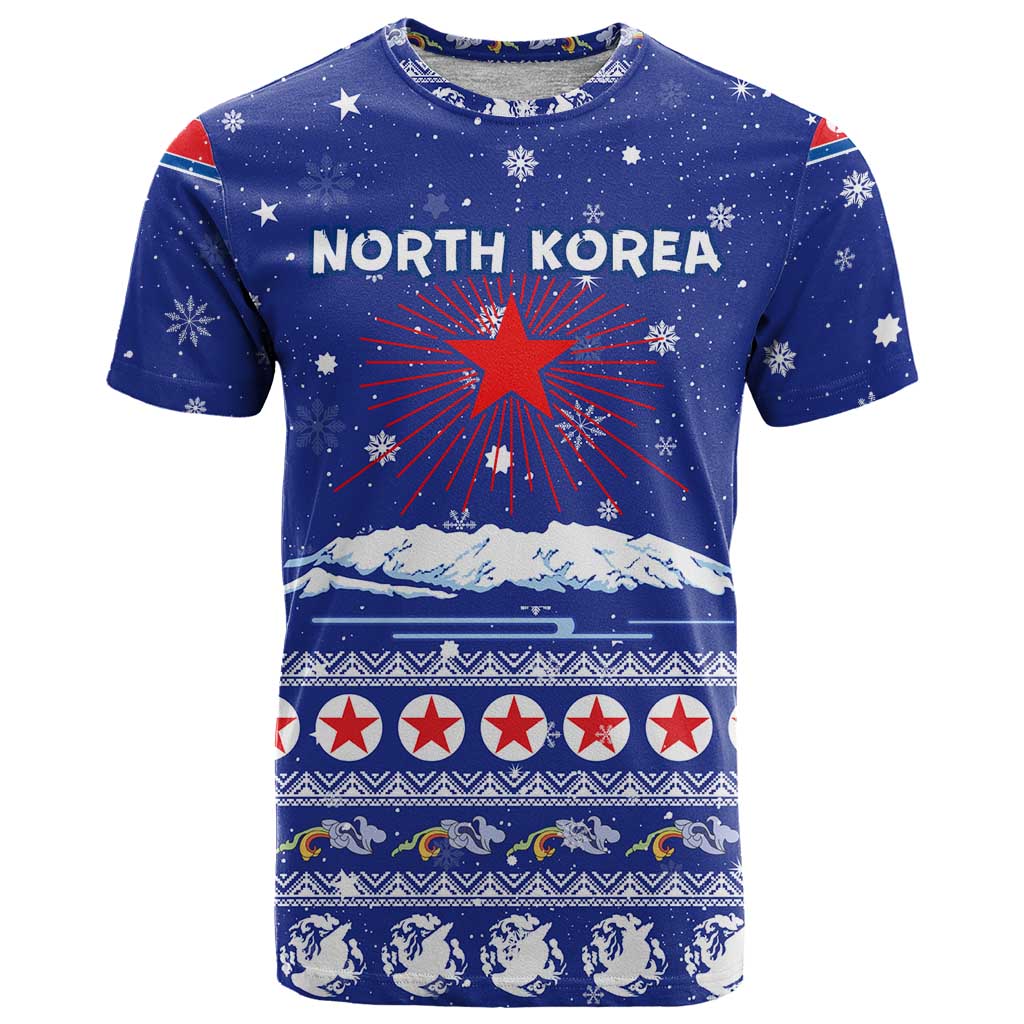 North Korea Christmas T-Shirt with Blue Pattern, Red Star, and Snowy Mountain Motif Graphic Tee