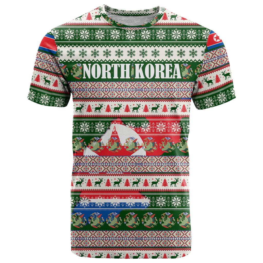 North Korea Christmas T-Shirt with Green-Red Design, National Emblem, and Festive Snowflake Motif Graphic Tee
