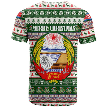 North Korea Christmas T-Shirt with Green-Red Design, National Emblem, and Festive Snowflake Motif Graphic Tee