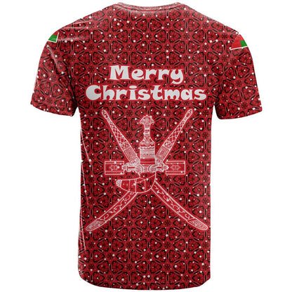 Oman Christmas T-Shirt with Red Geometric Design, White Oryx, and National Emblem Motif Graphic Tee