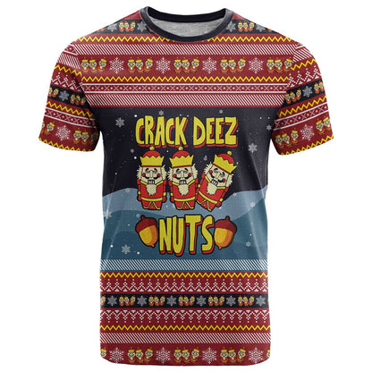 Funny Nutcracker Christmas T-Shirt with Crack Deez Nuts Quote and Holiday Pattern Design Graphic Tee