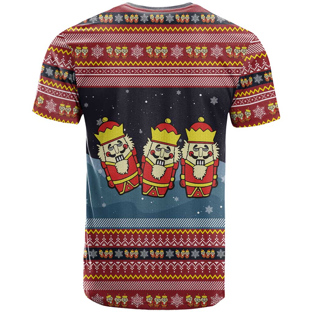 Funny Nutcracker Christmas T-Shirt with Crack Deez Nuts Quote and Holiday Pattern Design Graphic Tee