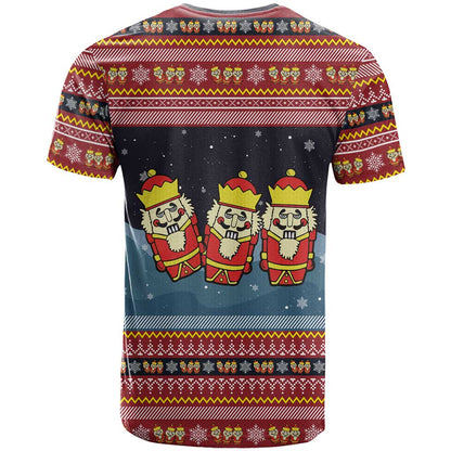 Funny Nutcracker Christmas T-Shirt with Crack Deez Nuts Quote and Holiday Pattern Design Graphic Tee