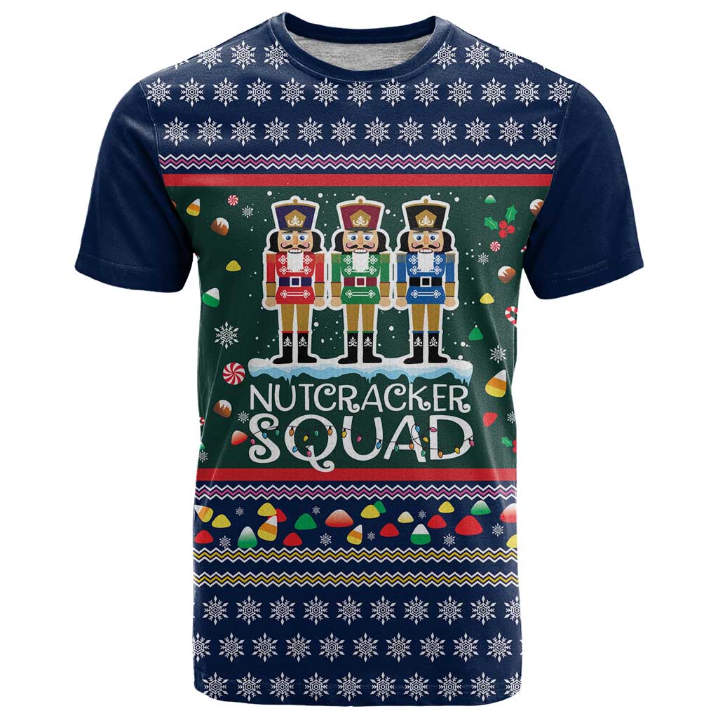 Nutcracker Squad Christmas T-Shirt with Candy Cane and Snowflake Holiday Design Graphic Tee