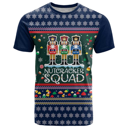 Nutcracker Squad Christmas T-Shirt with Candy Cane and Snowflake Holiday Design Graphic Tee