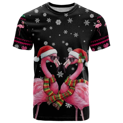 Flamingo Couple Christmas T-Shirt Xmas Holiday Patterns Graphic Tee