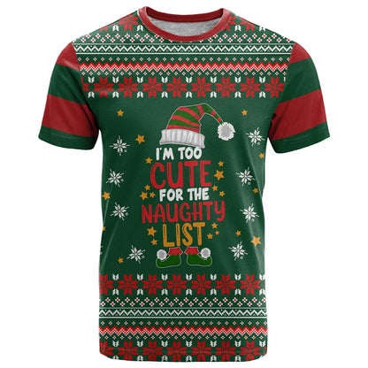 Too Cute For The Naughty List Christmas T-Shirt Xmas Holiday Patterns Graphic Tee