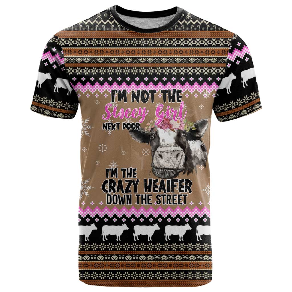 The Crazy Heifer Christmas T-Shirt Xmas Holiday Patterns Graphic Tee