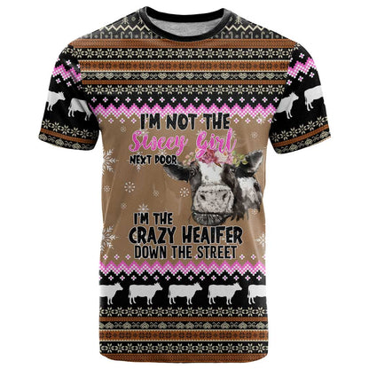 The Crazy Heifer Christmas T-Shirt Xmas Holiday Patterns Graphic Tee