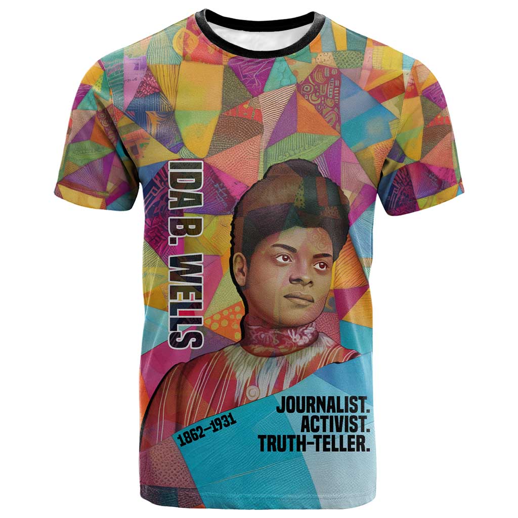Ida B. Wells T-Shirt with Colorful Patchwork Pattern Design Confident Portrait Civil Rights and Journalism Tribute Graphic Tee