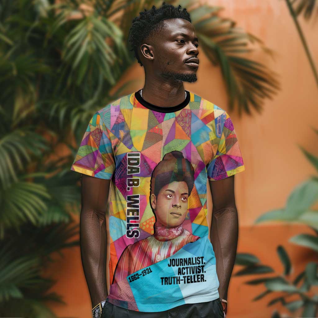 Ida B. Wells T-Shirt with Colorful Patchwork Pattern Design Confident Portrait Civil Rights and Journalism Tribute Graphic Tee