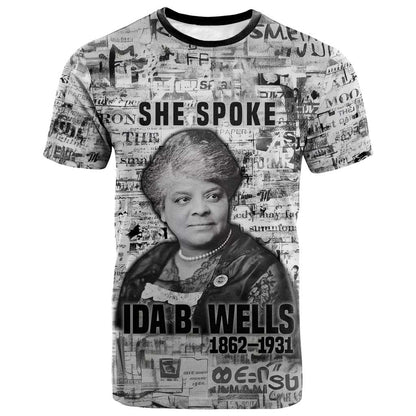 Ida B. Wells T-Shirt with Newspaper Collage Design Powerful Portrait Civil Rights and Free Press Tribute Graphic Tee