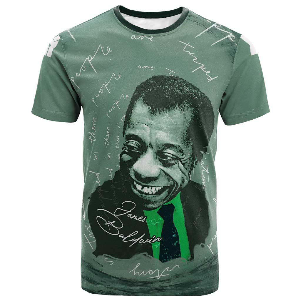 James Baldwin T-Shirt Green Handwritten Script Design Smiling Portrait Civil Rights and Literature Graphic Tee
