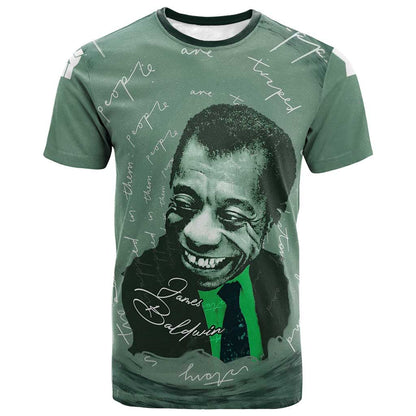 James Baldwin T-Shirt Green Handwritten Script Design Smiling Portrait Civil Rights and Literature Graphic Tee