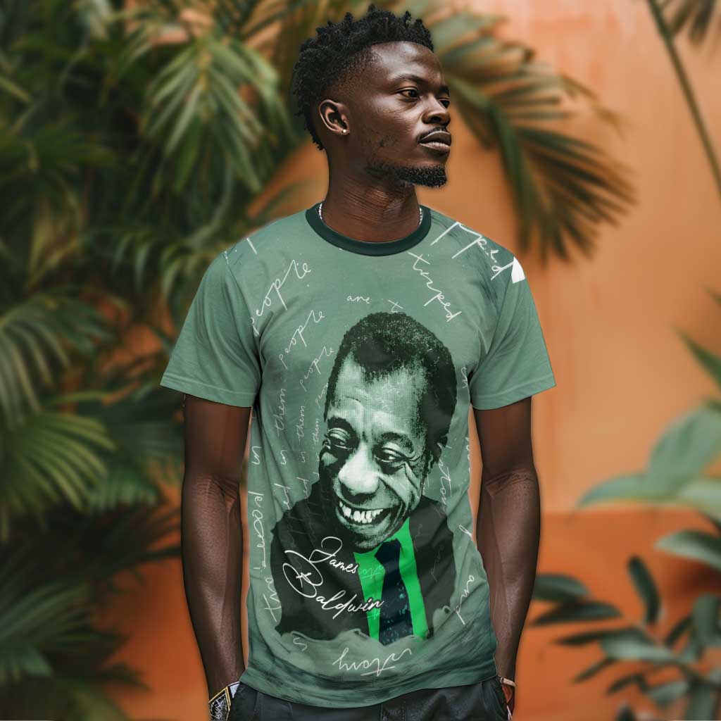 James Baldwin T-Shirt Green Handwritten Script Design Smiling Portrait Civil Rights and Literature Graphic Tee