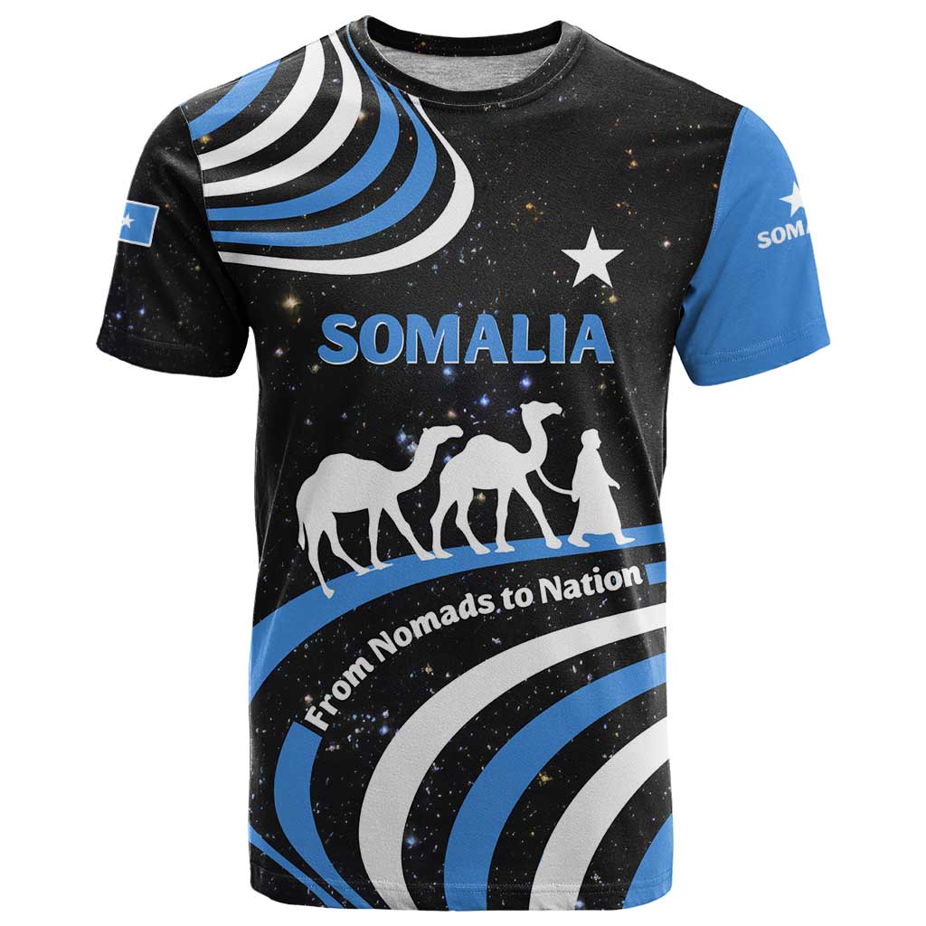 Somalia T-Shirt with From Nomads to Nation Camel Galaxy Flag Spirit Graphic Tee