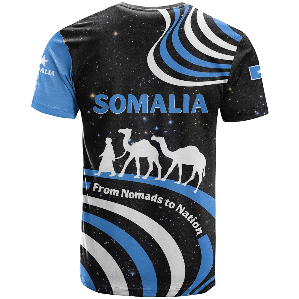 Somalia T-Shirt with From Nomads to Nation Camel Galaxy Flag Spirit Graphic Tee