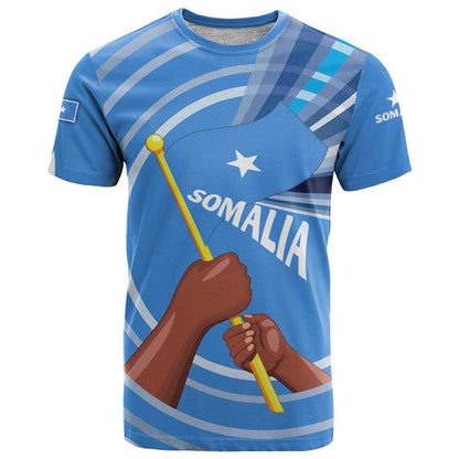 Somalia T-Shirt with Raised Fist Flag Blue Unity Wave Spirit Graphic Tee