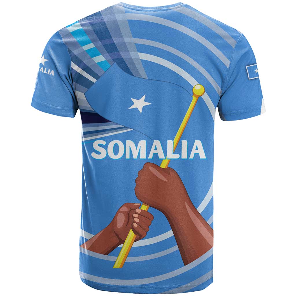 Somalia T-Shirt with Raised Fist Flag Blue Unity Wave Spirit Graphic Tee