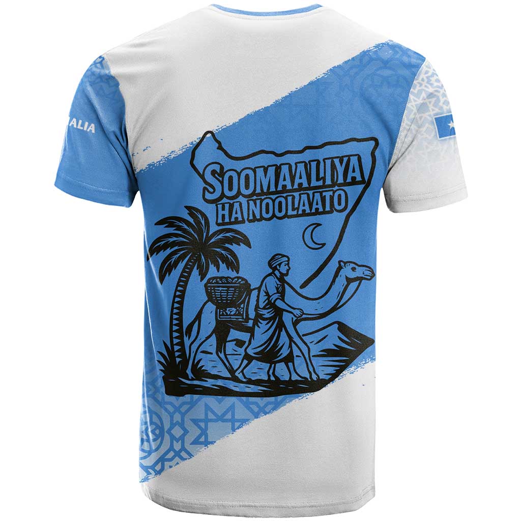 Somalia T-Shirt with Soomaaliya Ha Noolaato Nomad Moon Flag Spirit Graphic Tee