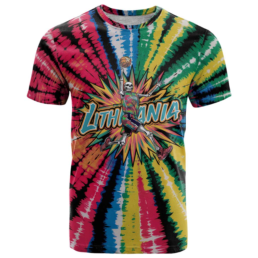 Lithuania Tie Dye Basketball T-Shirt with Skeleton Dunk Graphic and Retro Colors Graphic Tee