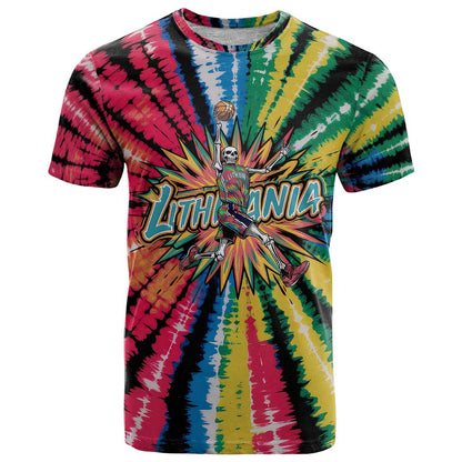Lithuania Tie Dye Basketball T-Shirt with Skeleton Dunk Graphic and Retro Colors Graphic Tee
