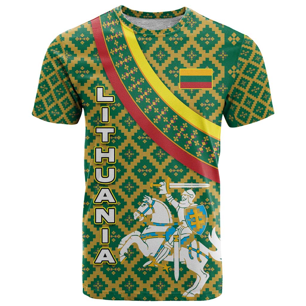 Lithuania Knight Pattern T-Shirt with Traditional Green Yellow Red Design and Vytis Emblem Graphic Tee